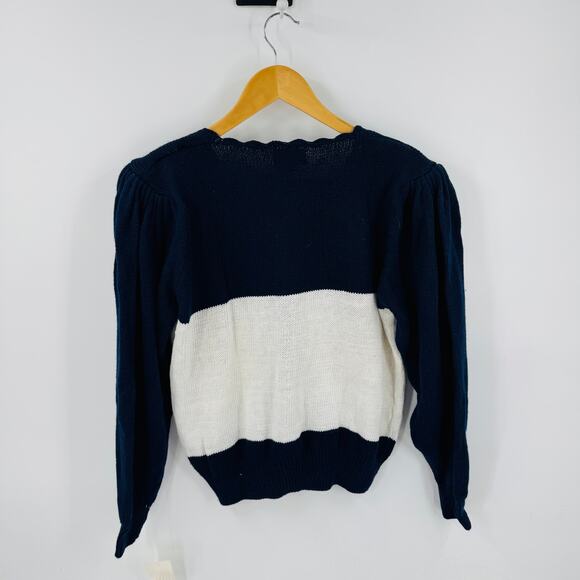 Vintage Floral Embroidered Cardigan Navy & Cream Deadstock Women’s L Cottage - Picture 2 of 9